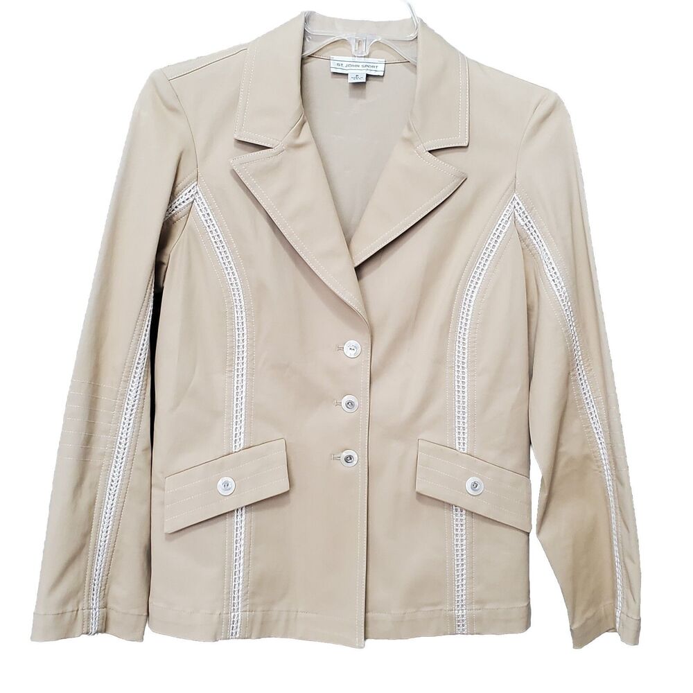 ST JOHN SPORT Marie Gray Tan Short 3-Button Blazer w/Crochet Trim Size P (Small)